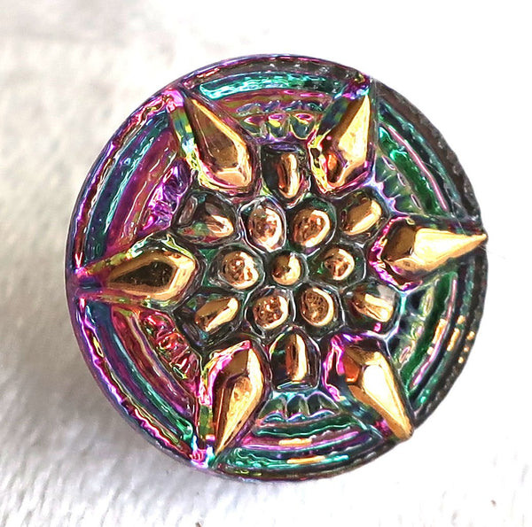 One 13mm Czech glass button with a gold raised star - iridescent pink & green decorative shank button 09101 - Glorious Glass Beads