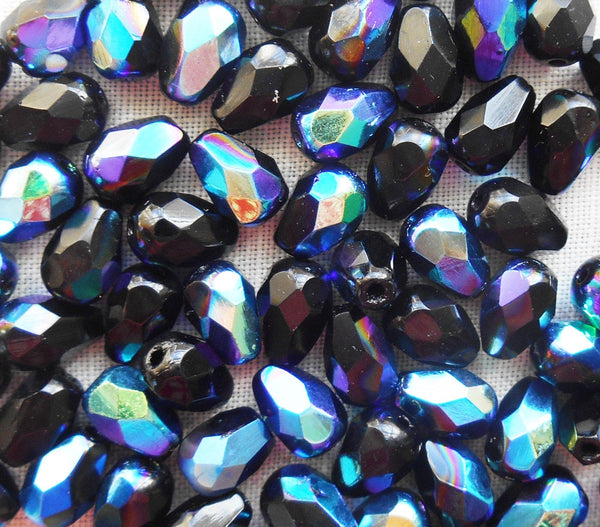 Lot of 25 7 x 5mm Jet Black AB teardrop Czech glass beads, faceted firepolished beads C9601