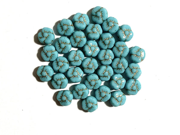 Twenty 9mm Czech pansy flower beads - turquoise blue flower beads with gold accents - C0331