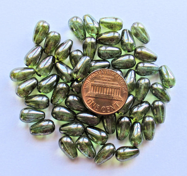 Lot of 25 Czech glass drop beads - center drilled smooth teardrop shaped lumi green beads - 10 x 6mm C3501 - Glorious Glass Beads