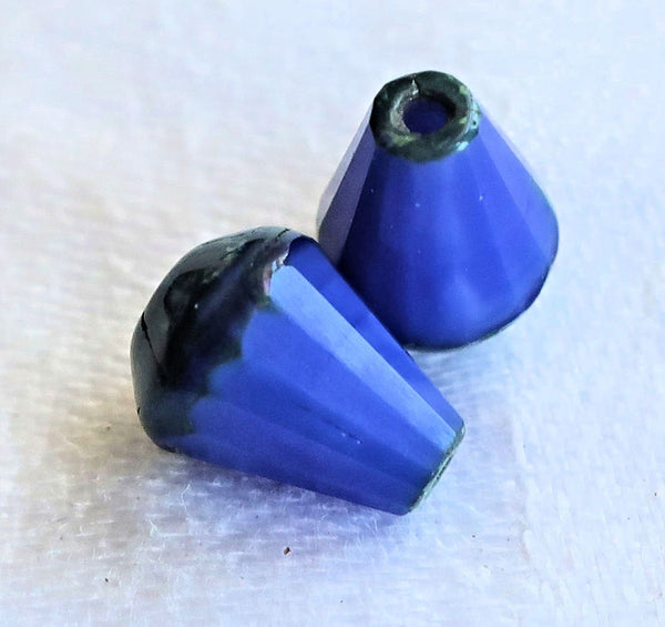 Lot of 15 8 x 6mm Czech glass teardrop beads - opaque royal blue silk w/ black accents - special cut, faceted, firepolished beads C05101 - Glorious Glass Beads