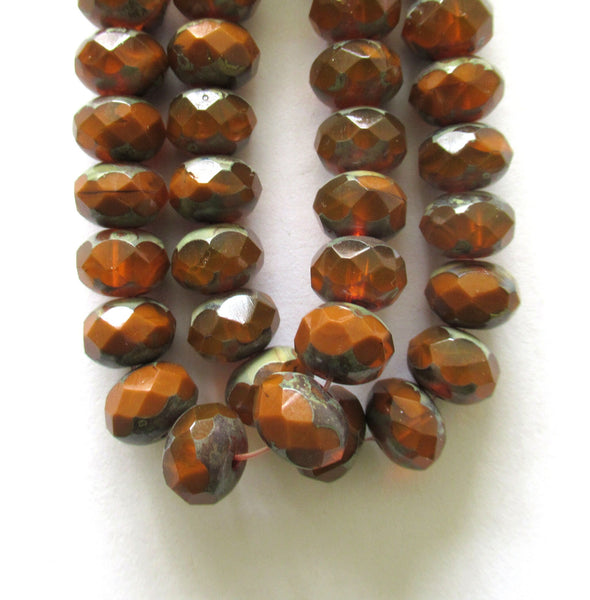 25 Czech glass faceted puffy rondelle beads - burnt orange brown rust opaque & transparent picasso mix 6 x 8mm rustic earthy rondelles 00591
