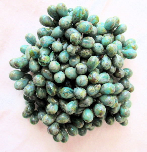25 Czech glass drop beads - opaque & transparent turquoise green mix w/a picasso finish - smooth teardrop beads - 9 x 6mm C82101