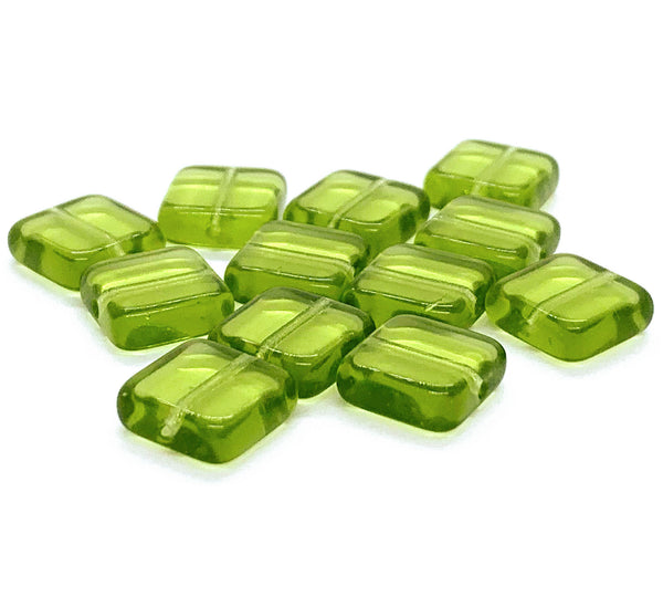 Twenty 9mm square Czech glass beads - transparent olivine or olive green pressed glass beads C0045