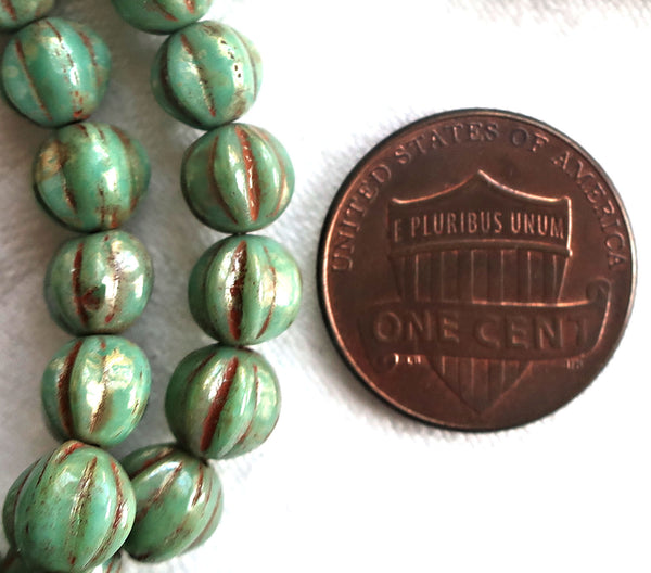 Lot of 25 6mm pressed Czech glass melon beads, pea green picasso beads with coral accents C0901 - Glorious Glass Beads