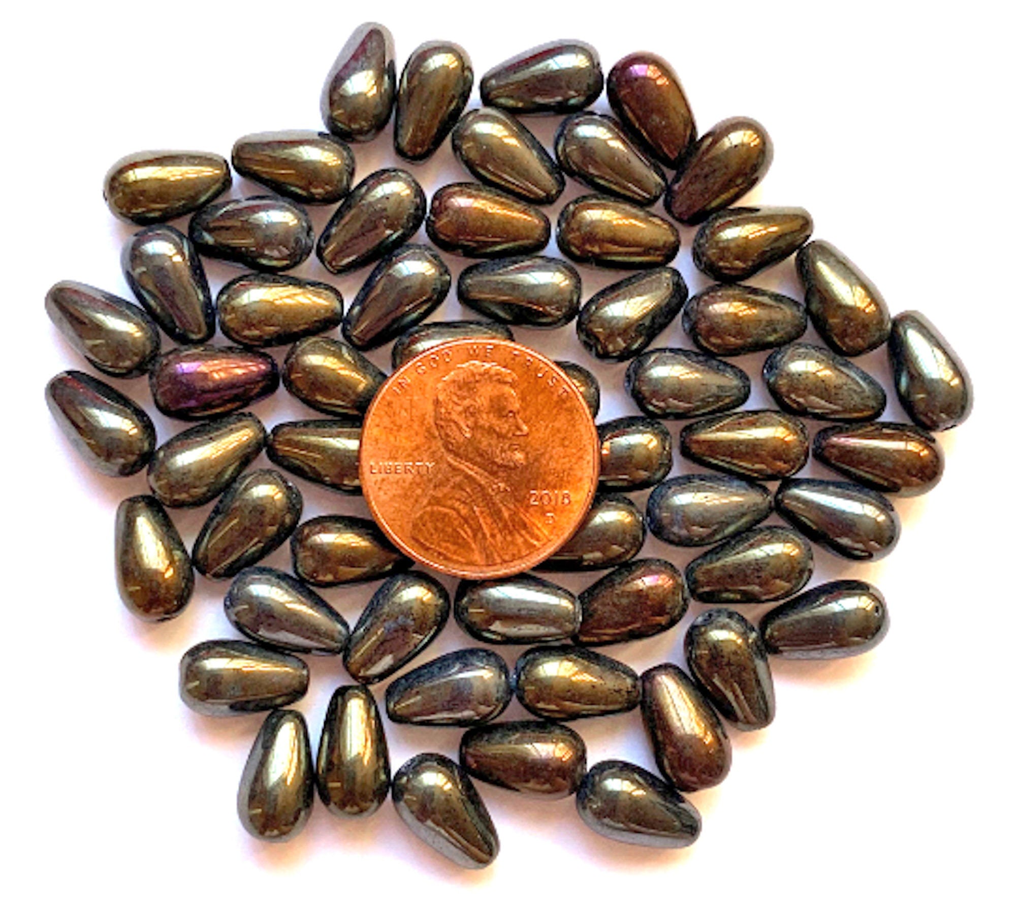 Lot of 25 10 x 6mm Czech glass brown iris teardrop beads - center drilled smooth drop beads C0034