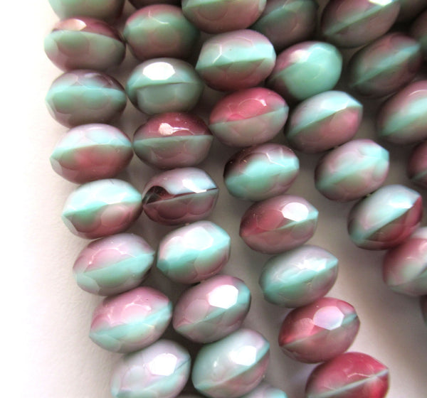 25 Czech glass puffy rondelle beads - 6 x 9mm faceted transparent pink & opaque mint green color mix rondelles C00662