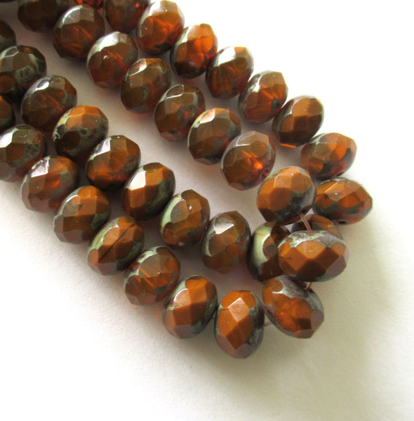 25 Czech glass faceted puffy rondelle beads - burnt orange brown rust opaque & transparent picasso mix 6 x 8mm rustic earthy rondelles 00591