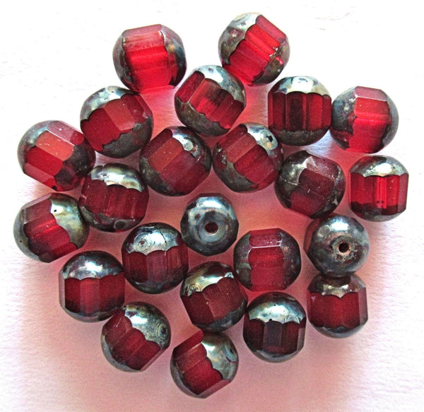 Ten Czech glass faceted cathedral or barrel beads six sides - 10mm fire polished Siam red beads with picasso finish on the ends C0019