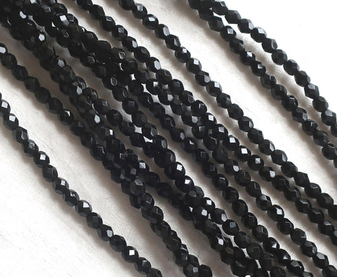 Lot of 50 4mm Jet Black Czech glass beads, round faceted firepolished beads, C3450 - Glorious Glass Beads