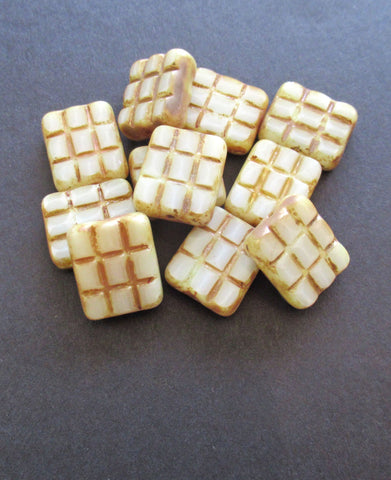 Five large chunky Czech glass rectangle beads - 15 x 13mm white picasso, rectangular, square, carved one hole rustic, earthy beads - 00311