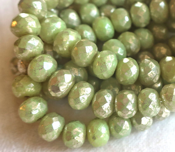 Lot of 25 Czech glass faceted puffy rondelle beads, opaque light honeydew Green with a silver mercury finish, donut beads, 5 x 7mm C00201 - Glorious Glass Beads