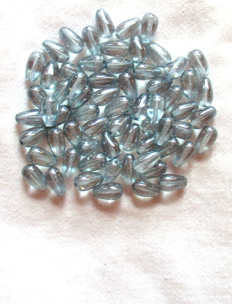 Lot of 25 lumi blue Czech glass drop beads - smooth teardrop beads - 10 x 6mm