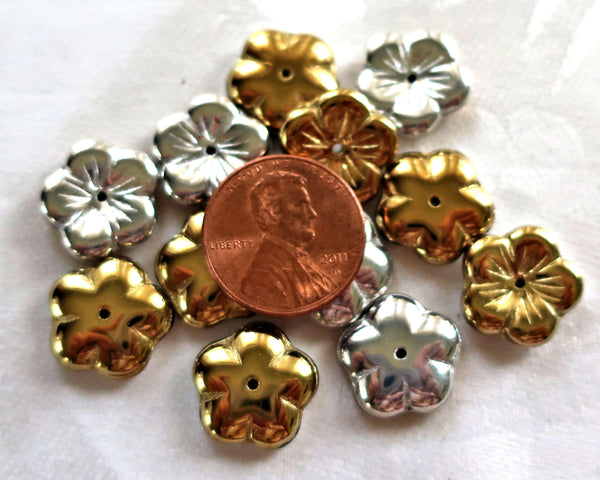 Ten 14mm Metallic California Silver & Gold flower beads, Czech glass spacer or cap beads C0901 - Glorious Glass Beads