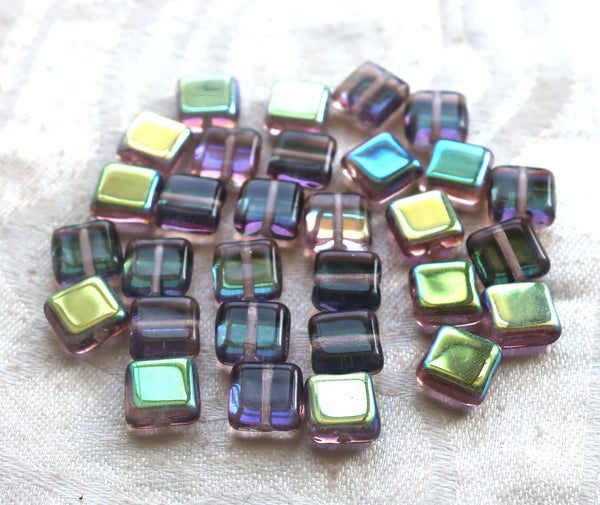 Lot of 30 8mm one hole flat square Czech glass beads, blue, green & purple mix with an iridescentt AB finish C10101 - Glorious Glass Beads
