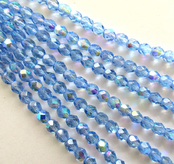 Lot of 25 6mm Czech glass beads - Medium Sapphire Blue AB fire polished faceted round beads - C0056