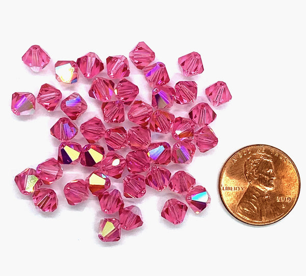 Lot of 24 6mm rose pink AB Czech Preciosa Crystal bicone beads - faceted glass bicones C0221