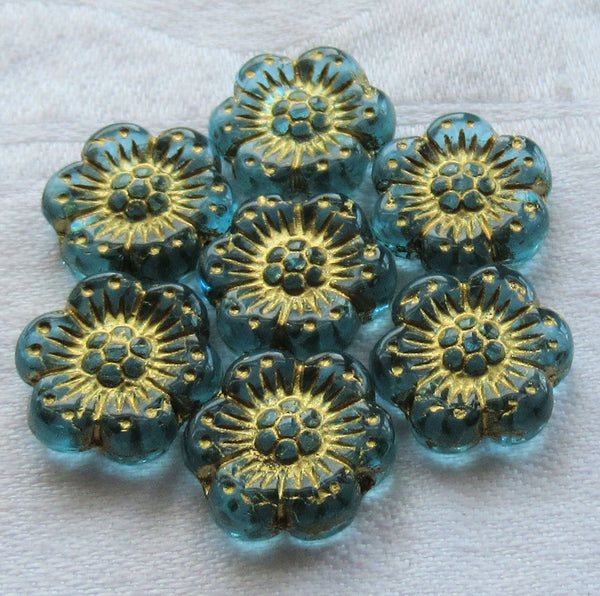 Twelve Czech glass wild rose flower beads - 14mm transparent aqua blue floral beads with a gold wash C05105 - Glorious Glass Beads