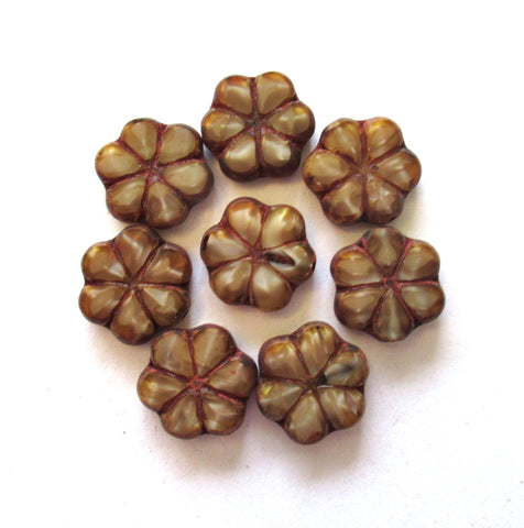 Lot of six 15mm Czech glass flower beads- table cut, carved opaque, marbled silky brown beads - C71106