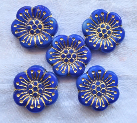 Lot of 5 large Czech pressed glass flower beads, 18mm opaque royal blue with gold accents both sides, 52101