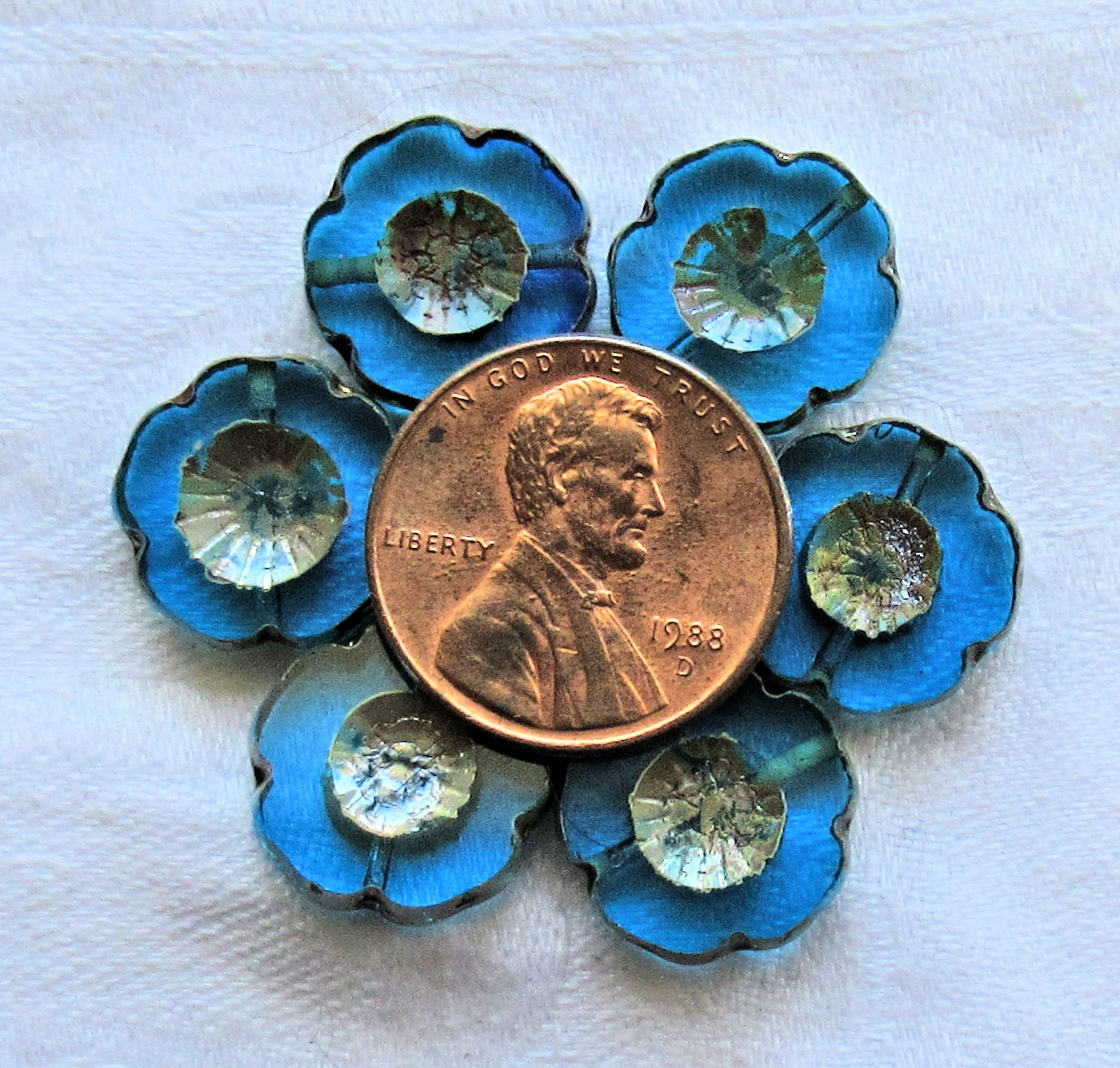 Lot of five 14mm Czech glass flower beads, table cut, carved, transparent capri blue picasso Hawaiian flower beads C02101 - Glorious Glass Beads