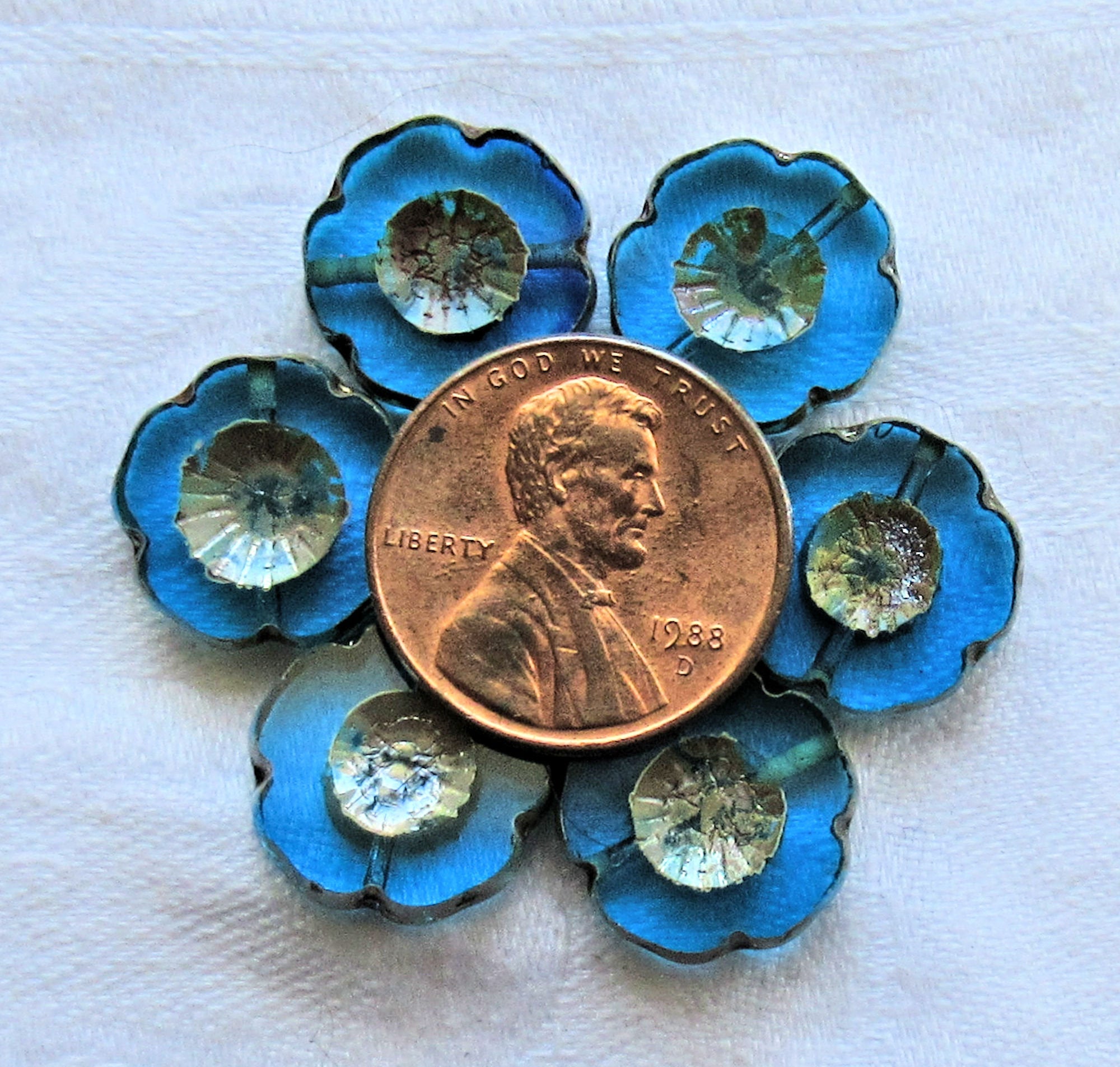 Lot of five 14mm Czech glass flower beads, table cut, carved, transparent capri blue picasso Hawaiian flower beads C02101 - Glorious Glass Beads