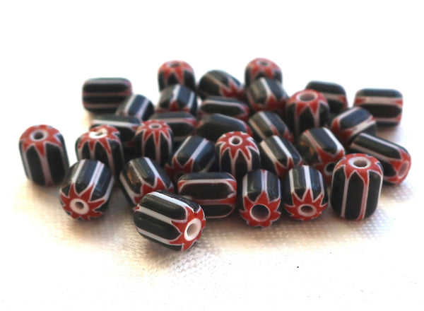 Twelve black, white & red striped chevron glass tube or barrel beads, big hole rustic beads, approx 9x 7mm C7401 - Glorious Glass Beads