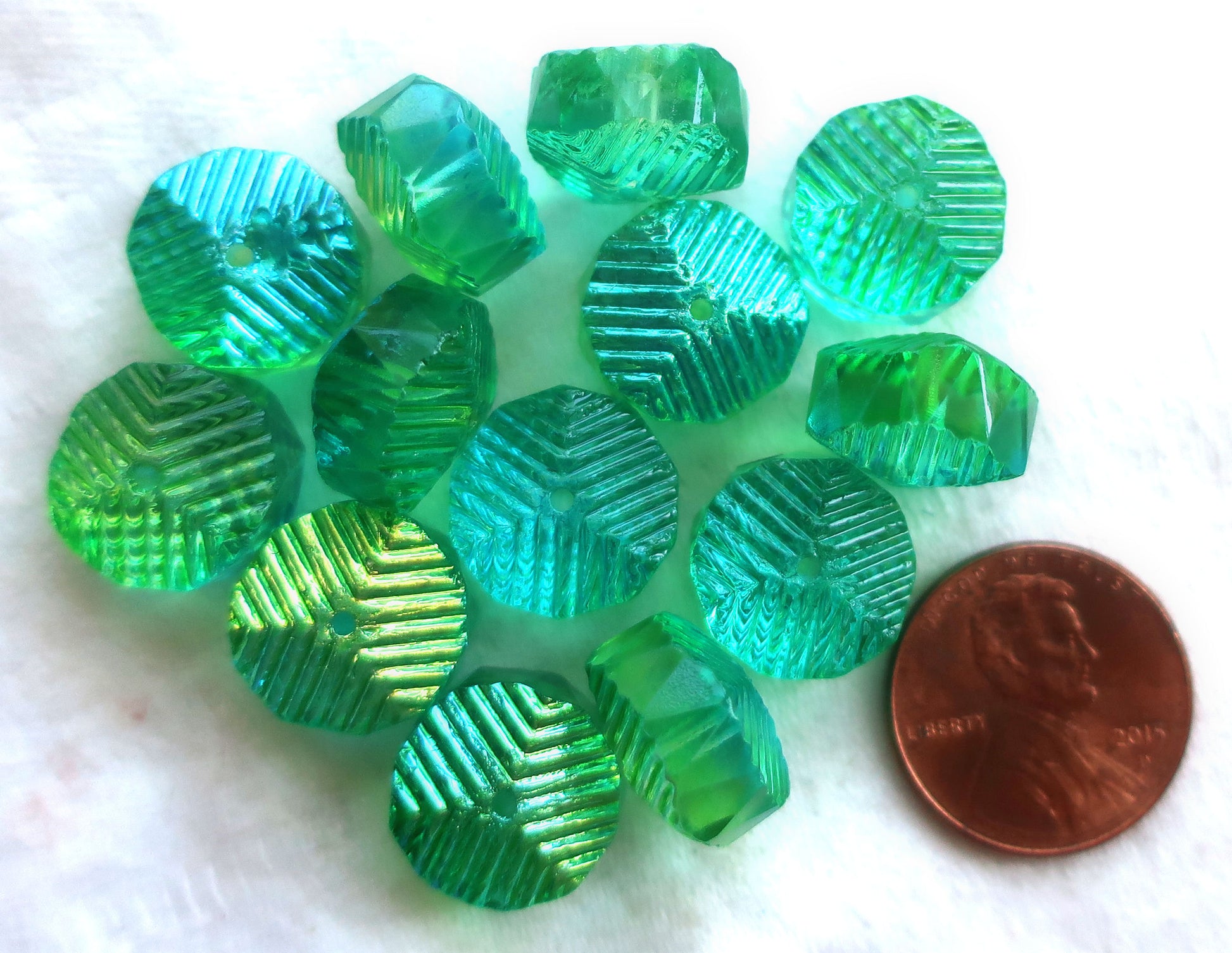 Six Czech glass faceted wavy rondelle beads, large 14 x 6mm aqua blue & lime green AB, chunky rondelles, C18101 - Glorious Glass Beads