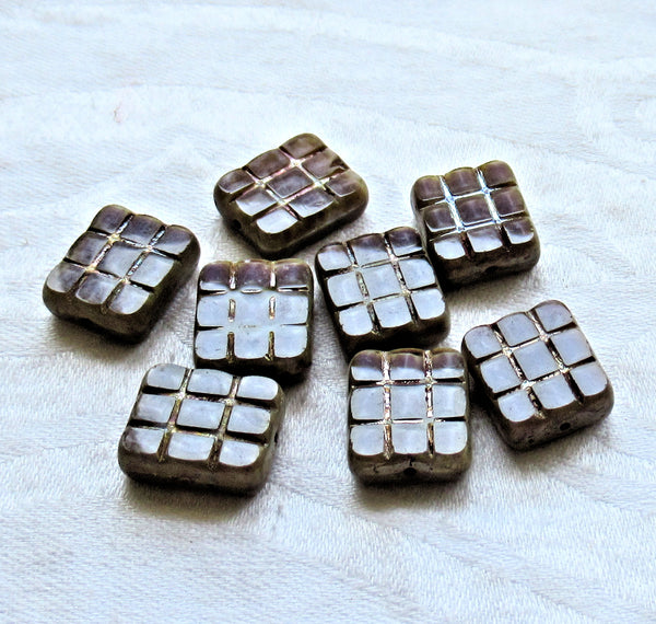 Five large rectangular, square, Czech glass beads - table cut silky purple carved rectangle beads w/ silver picasso accents - 15 x 13mm C163101 - Glorious Glass Beads