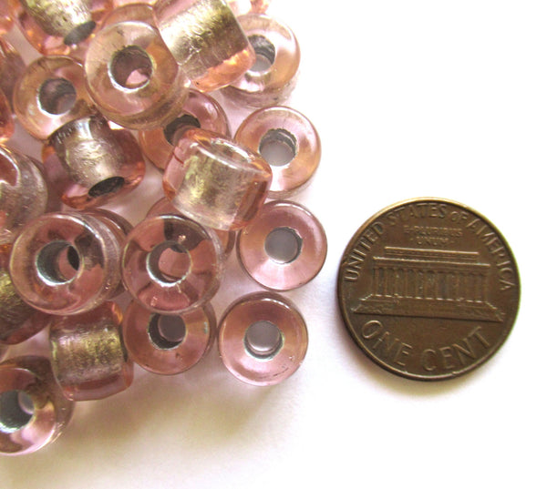 25 9mm Czech glass salmon pink silver lined pony roller beads, large, big hole crow beads, C00401