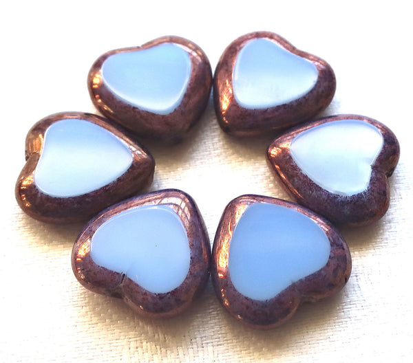 Six large Czech glass heart beads; 16mm table cut, opaque, sky blue hearts with bronze picasso finish C62106 - Glorious Glass Beads
