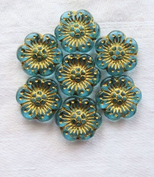 Twelve Czech glass wild rose flower beads - 14mm transparent aqua blue floral beads with a gold wash C05105