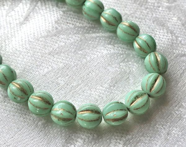 25 Czech glass melon beads, 6mm opaque mint green with gold accents, pressed striped beads C0901 - Glorious Glass Beads