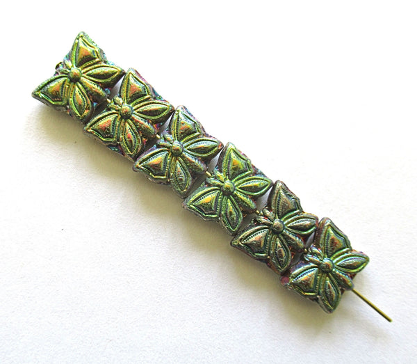 Eight Czech glass butterfly beads - metallic blue purple & green rainbow - 15 x 12mm pressed glass beads C0097