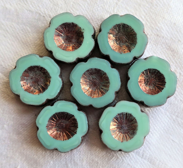 Six 14mm Czech glass flower beads - mint green bronze picasso - table cut, carved Hawaiian Flower beads C00106 - Glorious Glass Beads