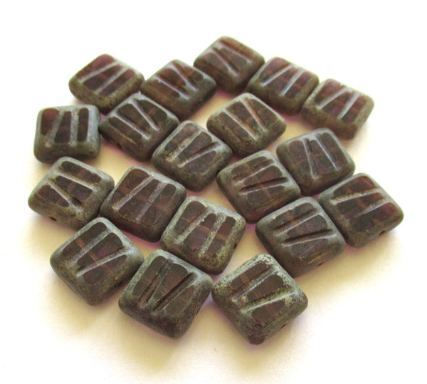 Ten 10mm x 10mm Czech glass square beads - amethyst / purple carved, table cut, striped zebra rustic, earthy beads C0029