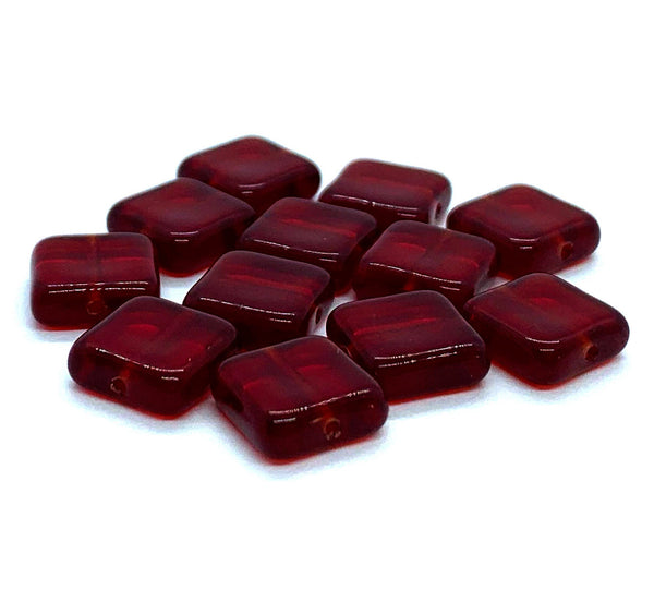 Twenty 9mm square Czech glass beads - light garnet red pressed glass beads C0026