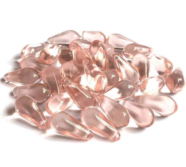 Ten large Czech glass teardrop beads - 9 x 18mm transparent rosaline pink pressed glass side drilled faceted drops six sides C0054