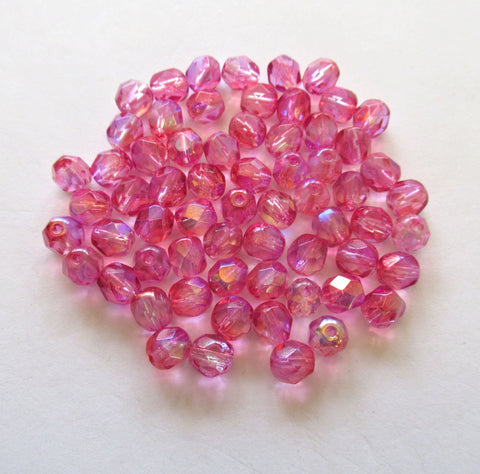 25 6mm czech glass beads - bright pink ab faceted fire polished beads - 0037