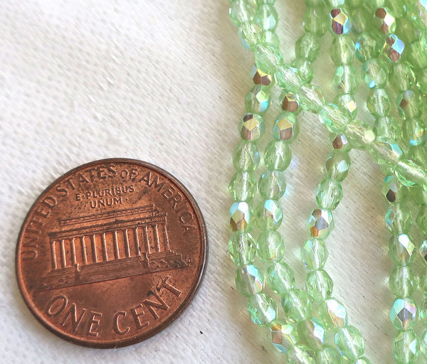 Lot of 50 3mm Peridot, Mint Green AB Czech glass beads, firepolished, faceted round glass beads C7450 - Glorious Glass Beads