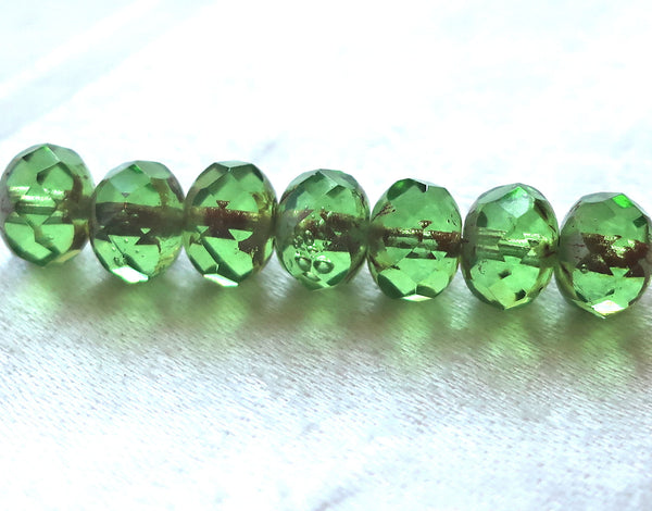 25 faceted Czech glass puffy rondelle beads, 8 x 6mm transparent peridot green picasso rondelles on sale 80101 - Glorious Glass Beads