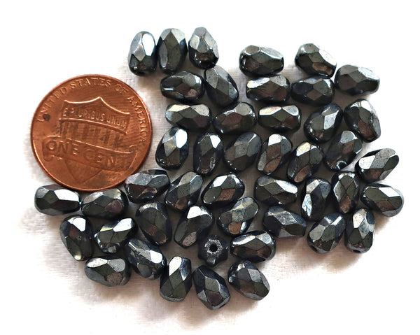 Lot of 25 7 x 5mm Hematite, metallic gray teardrop beads, faceted firepolished Czech glass tear drops C5801 - Glorious Glass Beads