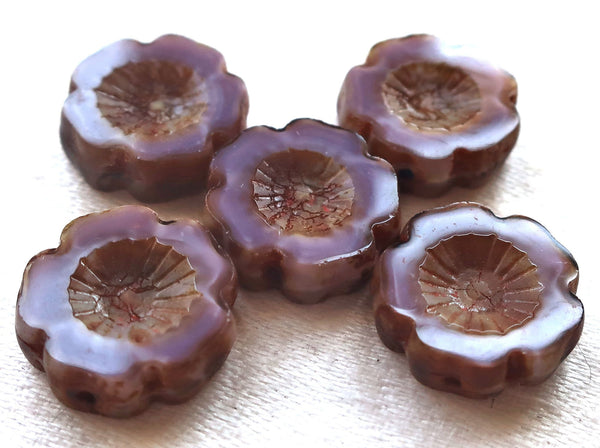 Six 14mm Czech glass hibiscus Hawaiian flower beads, table cut, carved, opaque purple silk, lavender, lilac with a picasso finish C02106 - Glorious Glass Beads