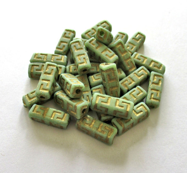 12 Czech glass beads - squared tube beads - Celtic block beads - green with a gold wash - 15 x 5mm C0058