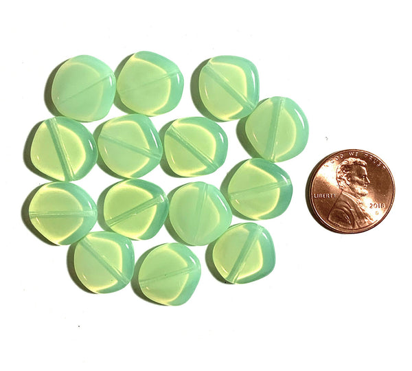 Ten 15mm Czech glass asymmetrical coin or disc beads - milky mint green opal beads - C0067