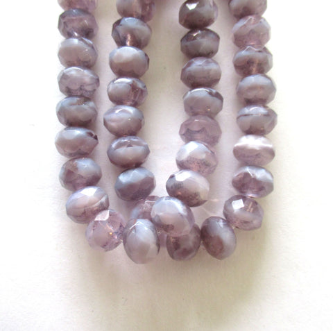 25 Czech glass faceted puffy rondelles - 6 x 8mm transparent & opal mix light amethyst purple / lavender picasso, rondelle beads C0003