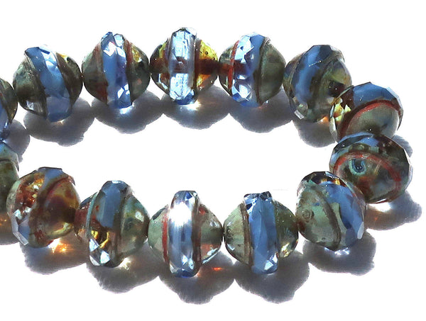 Six faceted saturn or saucer Czech glass beads, transparent & opaque sapphire blue with picasso finish, 8mm x 10mm C0901