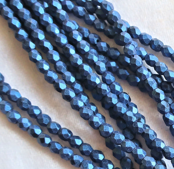 Lot of 50 3mm matte metallic suede blue Czech glass beads - faceted firepolished round beads C4601 - Glorious Glass Beads