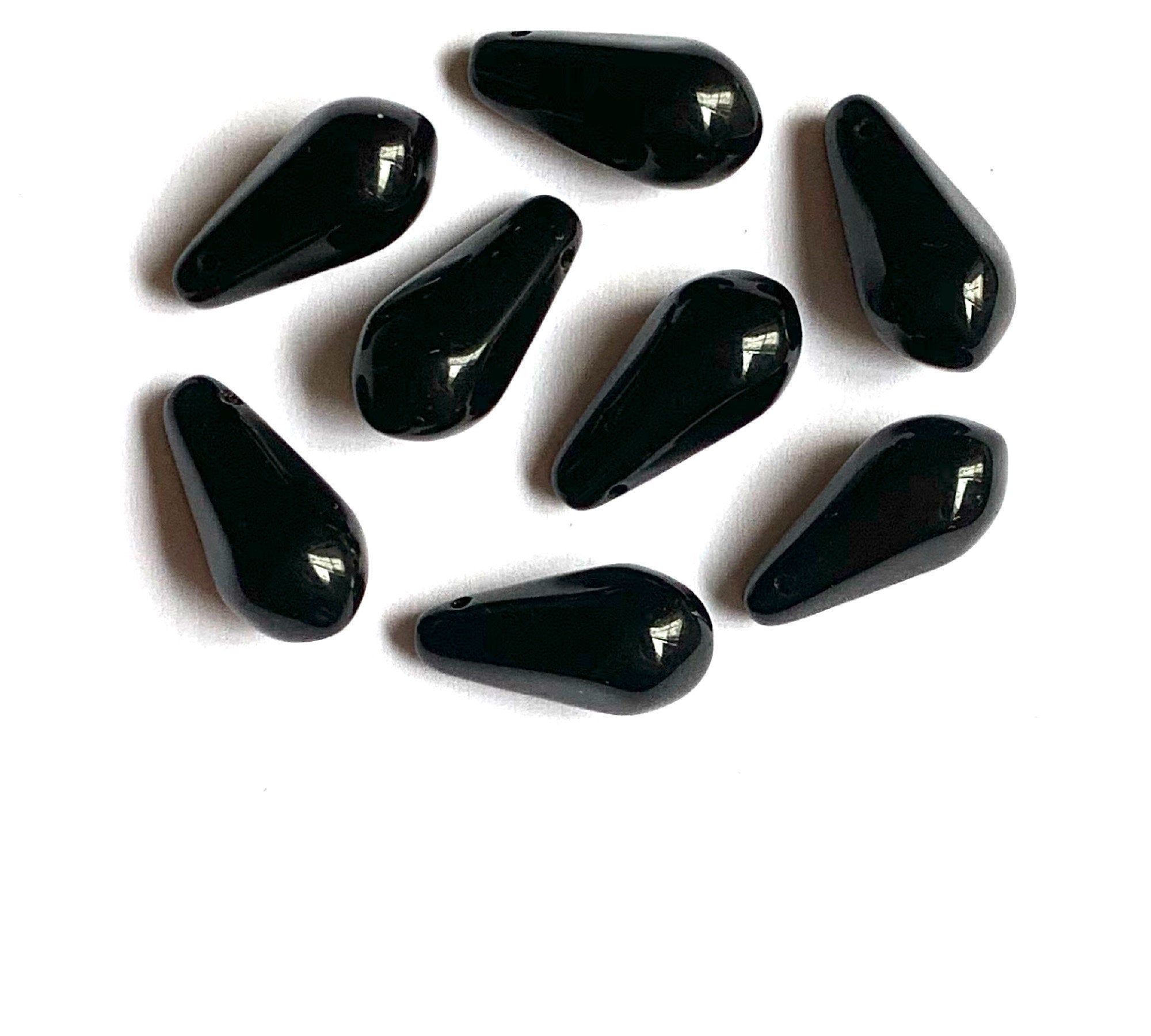 Ten large Czech glass teardrop beads - 9 x 18mm opaque jet black pressed glass side drilled six sided drops C0052
