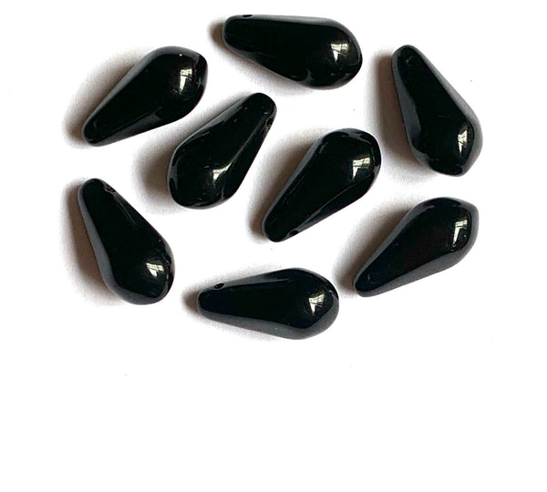Ten large Czech glass teardrop beads - 9 x 18mm opaque jet black pressed glass side drilled faceted drops six sides C0052